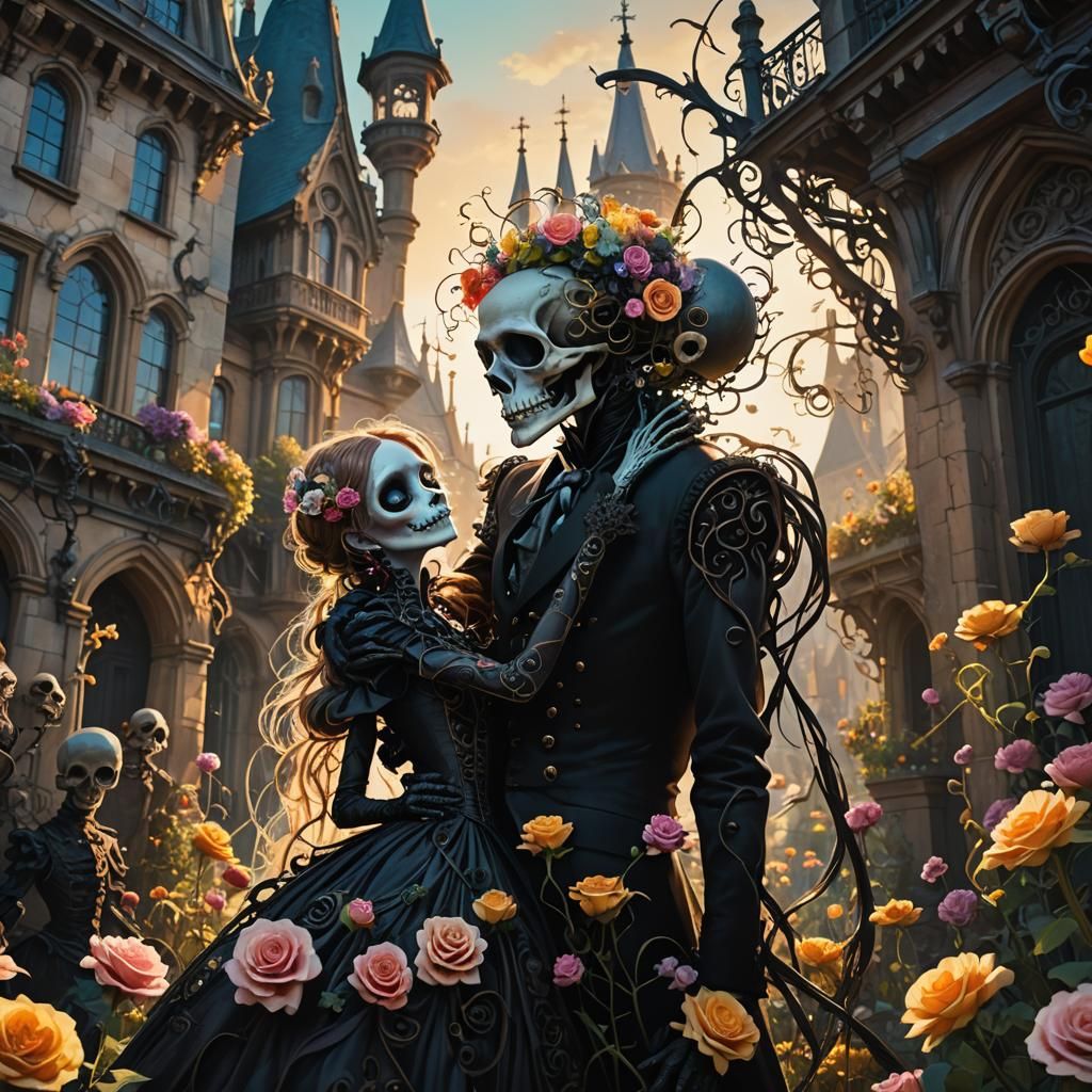 Macabre Creatures Embrace in Surreal Victorian Setting