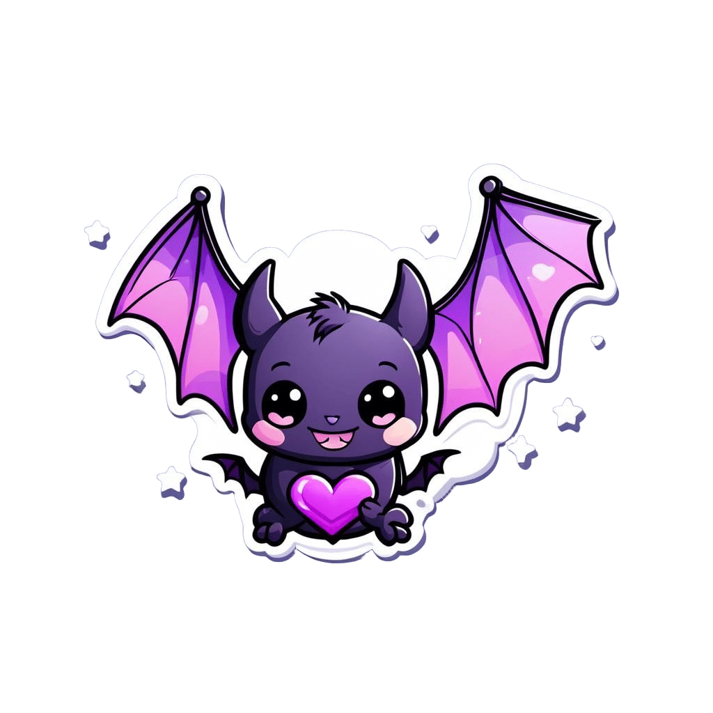 Kawaii Bat Sticker Design with Heart Wings