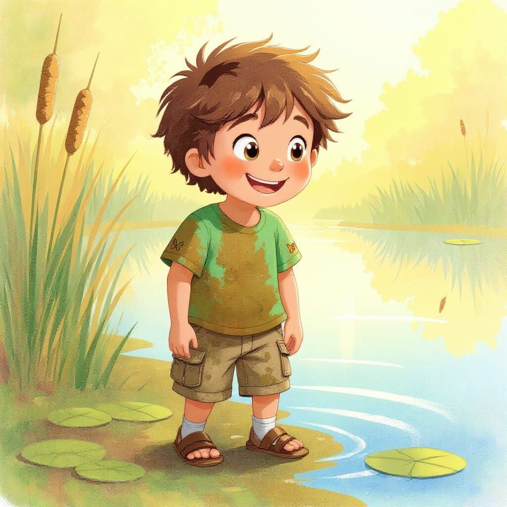 Boy by Pond in Watercolor Illustration Style