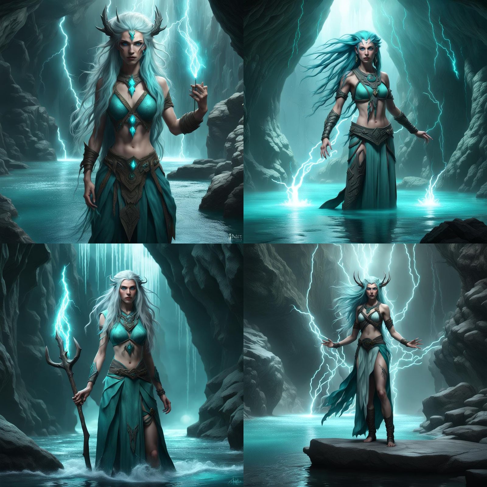 Water Genasi Druid Summons Lightning: Fantasy Concept Art