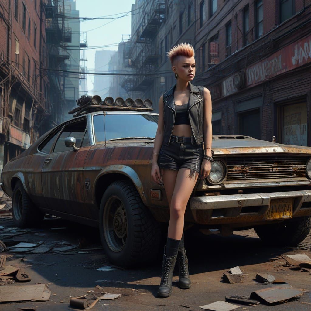 Neo-Atomicpunk Woman with Vehicle in Dystopian City