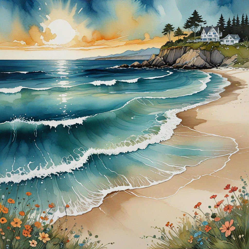 Whimsical Beach Scene in Vibrant Alcohol Ink Style