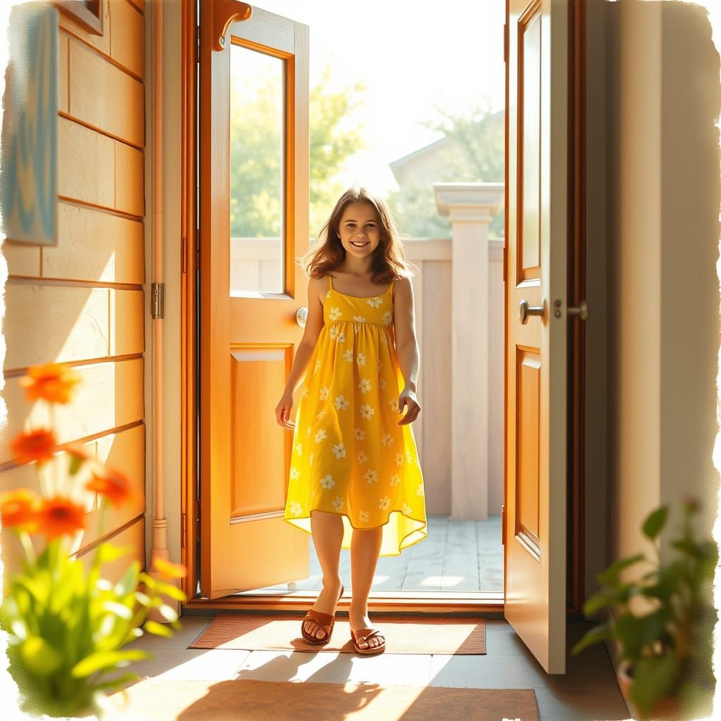 Elementary School Teacher Steps Out into Morning Sunshine