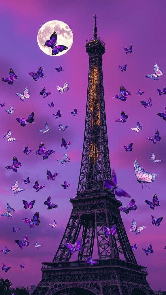 Eiffel Tower Surrounded by Purple Butterflies in Surreal Sty...