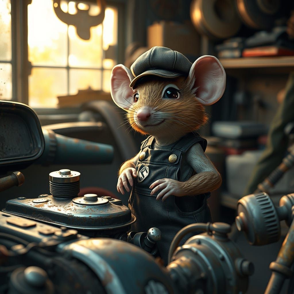 Whimsical Mouse Mechanic in Vintage Garage