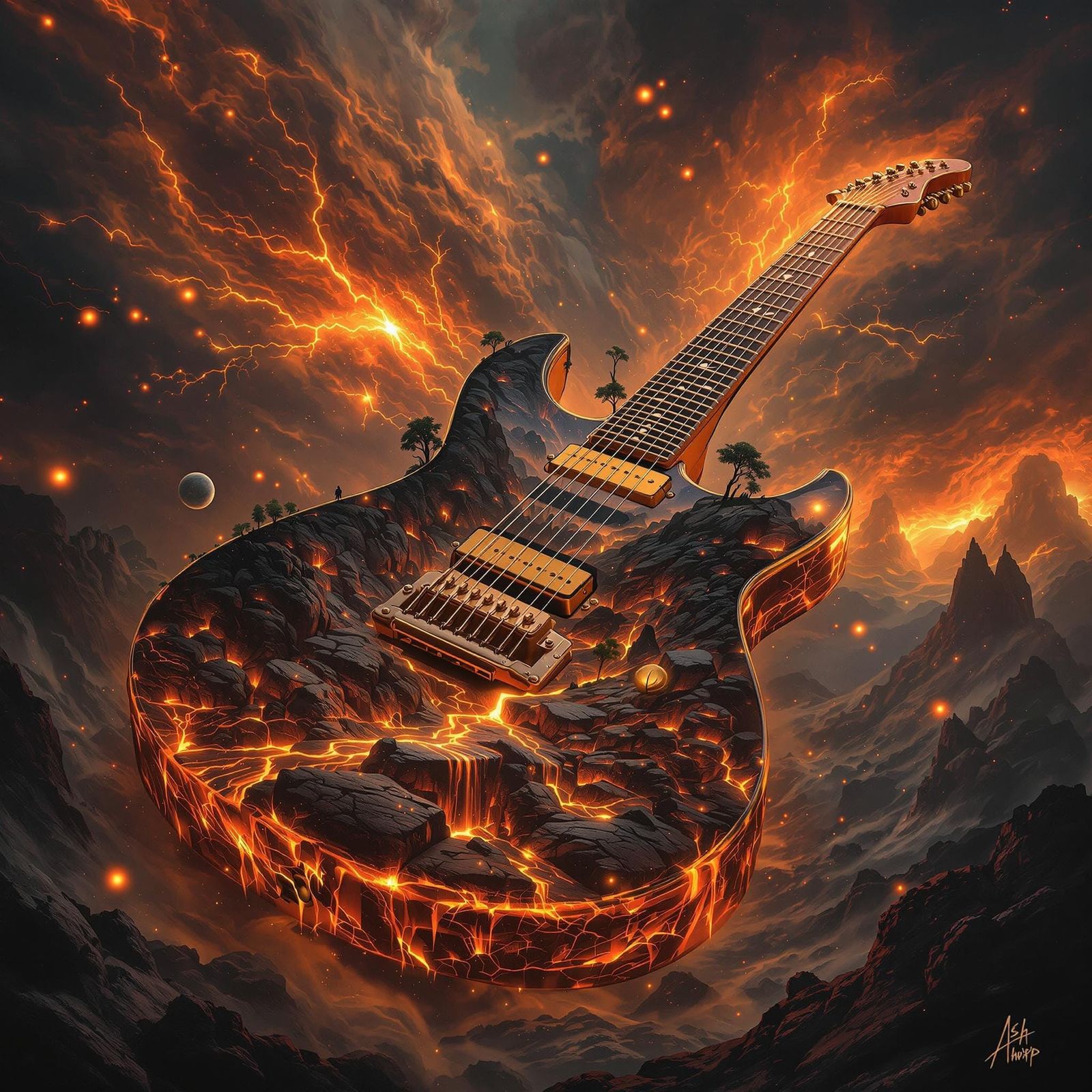 A surreal guitar filled with a vivid landscape showcases a volcanic scene. Guitar features flowing lava and rocky format...