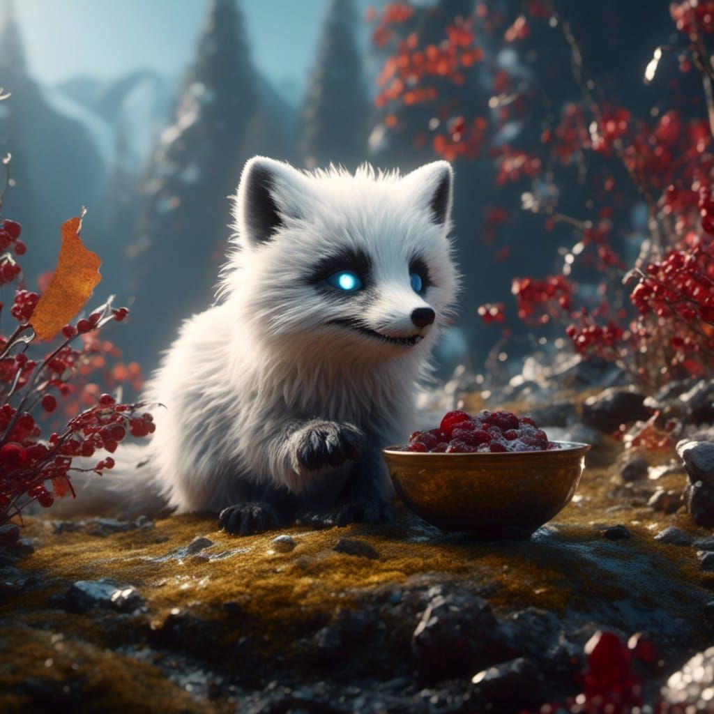 Adorable Arctic Fox Cub Eating: Detailed Matte Painting