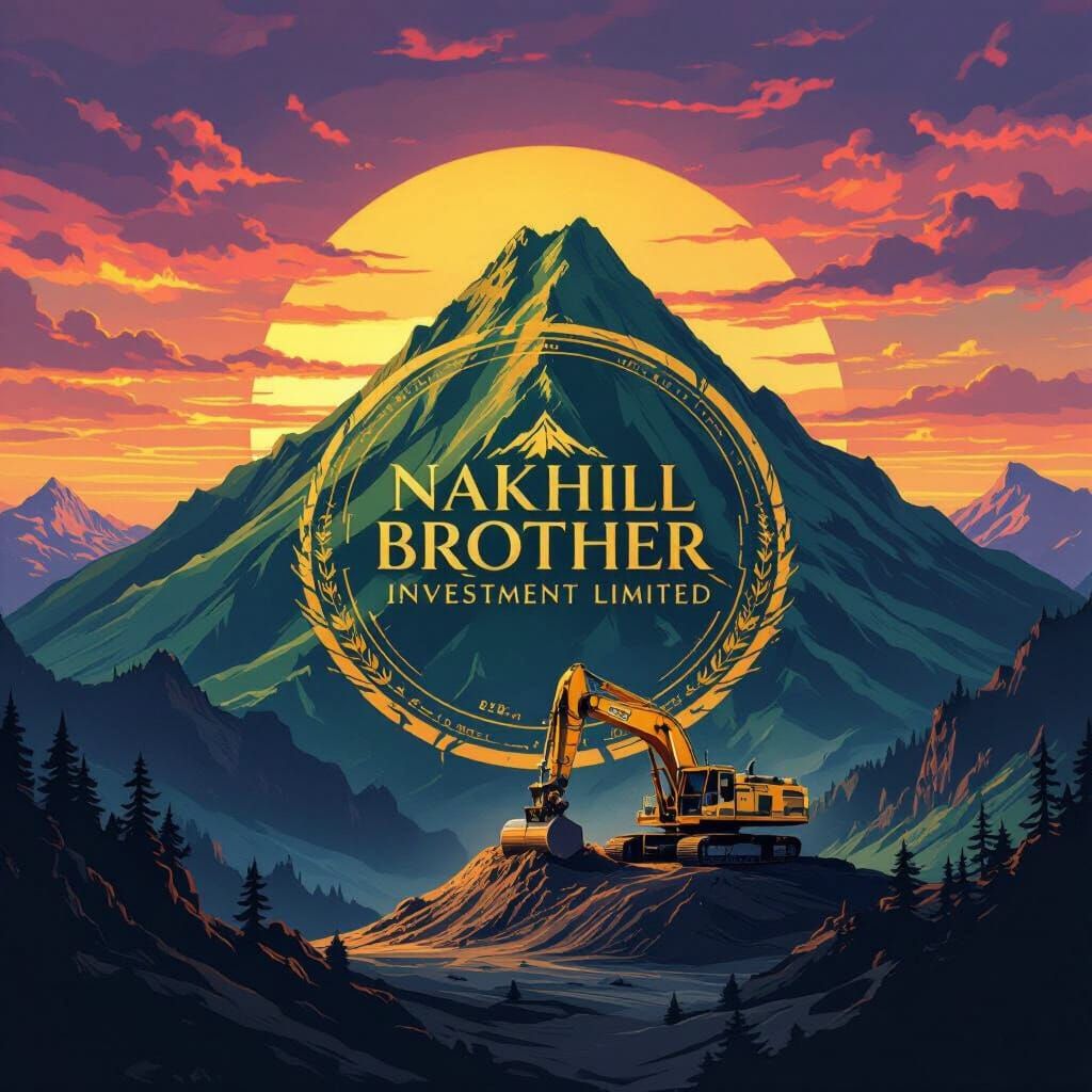 Golden Excavator on Green Mountain at Sunset Matte Painting