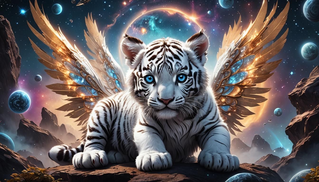 Cosmic White Tiger Cub with Wings: Matte Painting