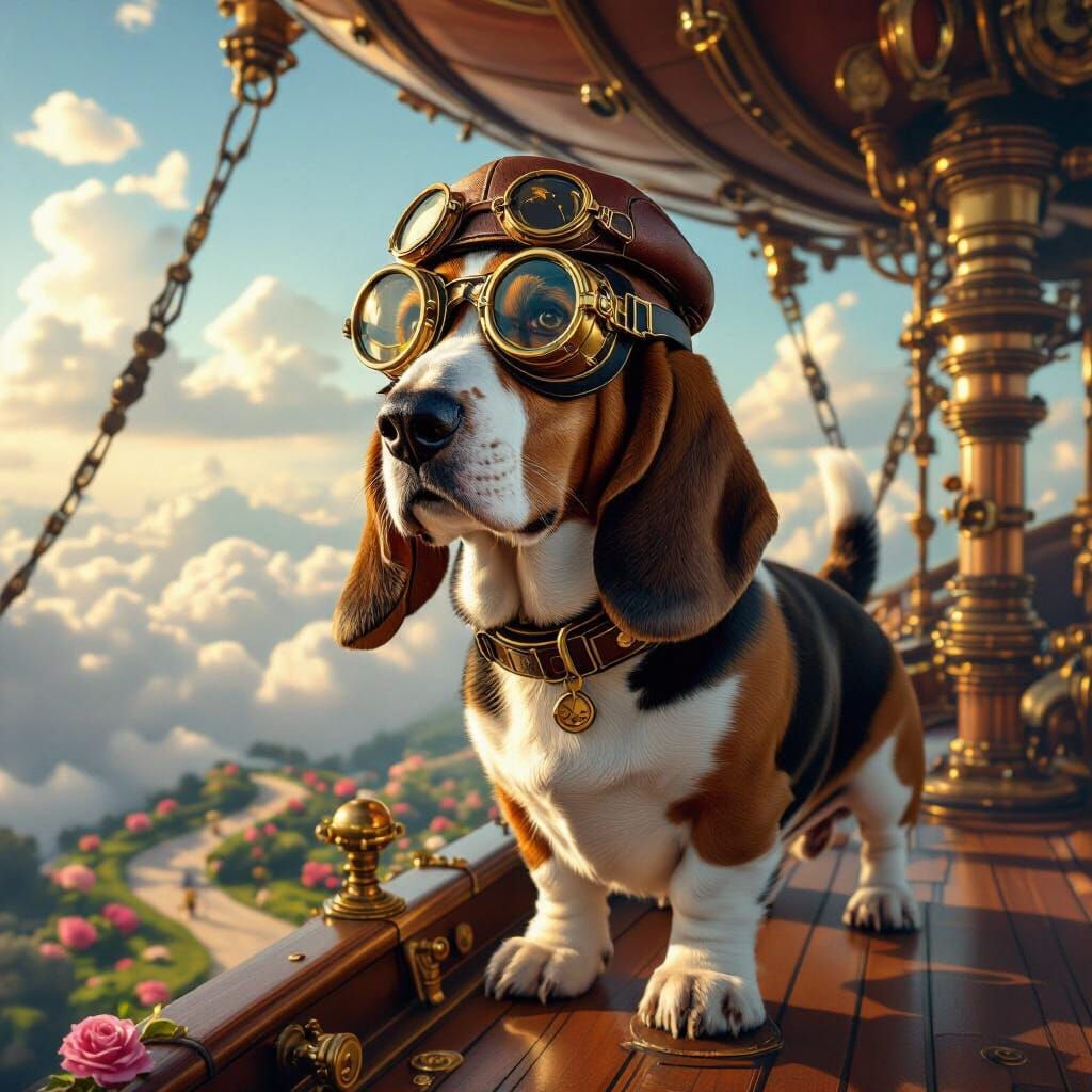 Steampunk Basset Hound in Aviator Gear on Airship Deck