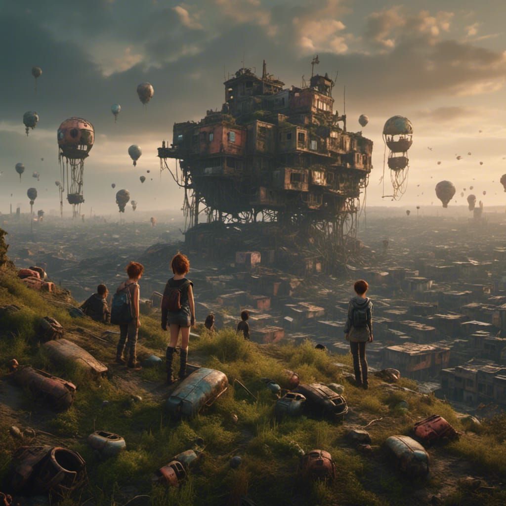 Children Play on Hill in Cyberpunk Urban Landscape