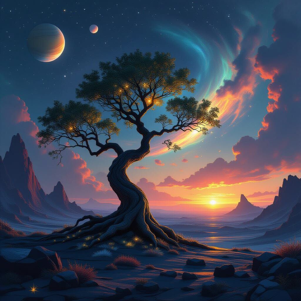 Ancient Bioluminescent Tree on Alien Planet with Saturn