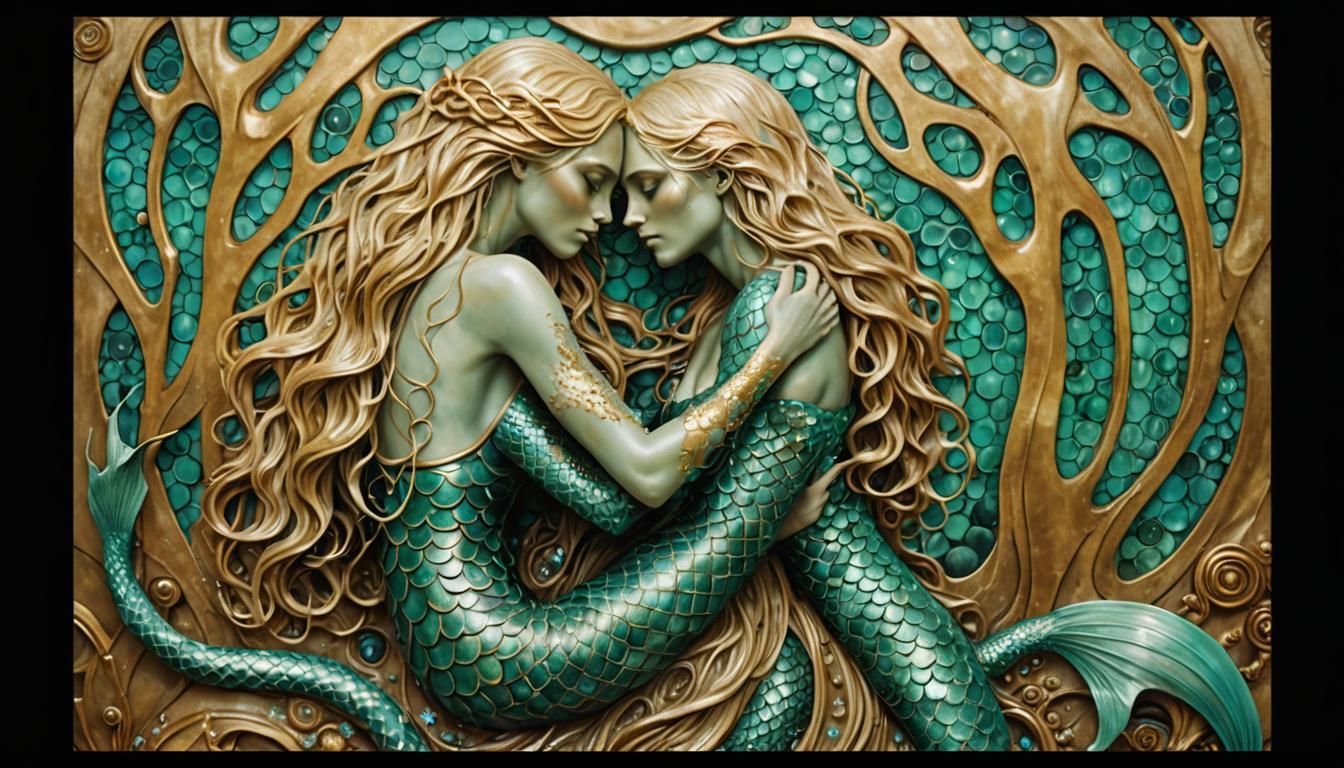 Mermaid and Lad Embrace in Surreal Biomechanical Style