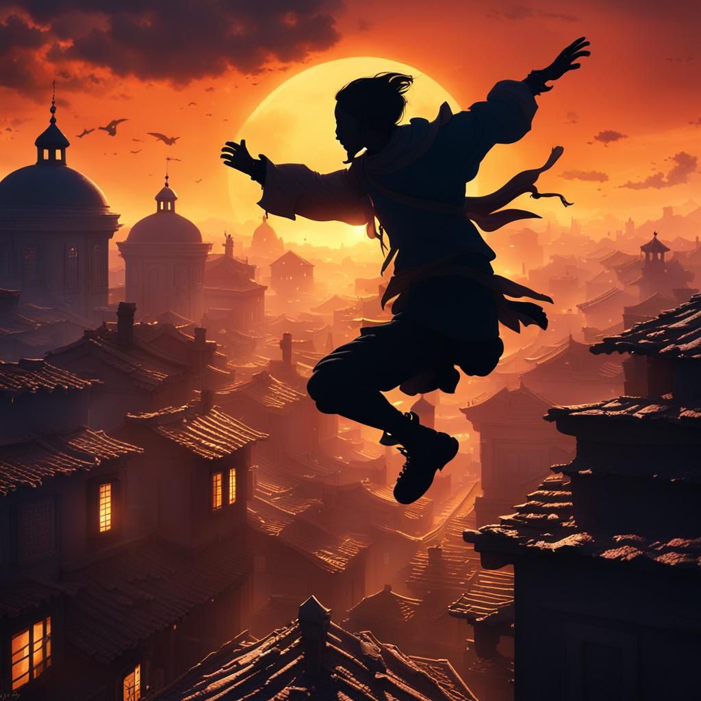 Ninja Silhouette Leaping Across Rooftops at Sunset