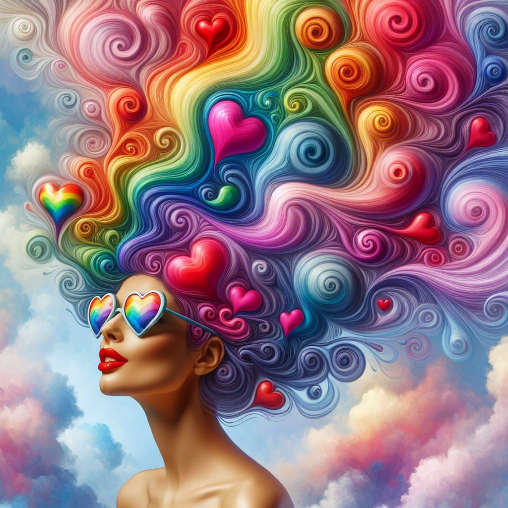 Rainbow Haired Woman in Dreamy Sky