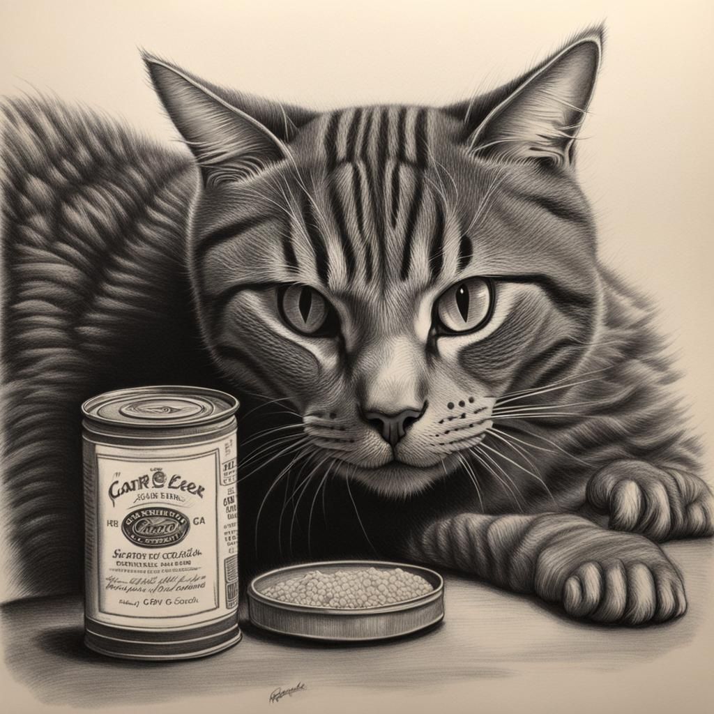 Cat's Affection: Hyperdetailed Charcoal Drawing of Caviar