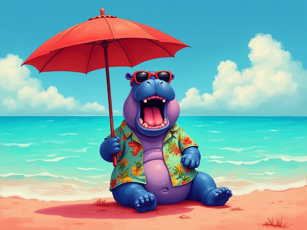 Cartoon Hippo Relaxing on Tropical Beach