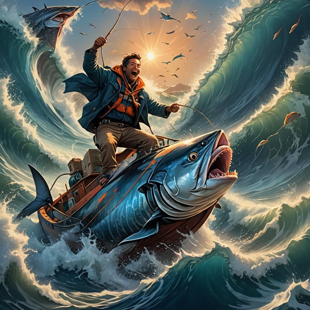 Fisherman's Triumph: Holding a Giant Tuna in Epic Fantasy St...
