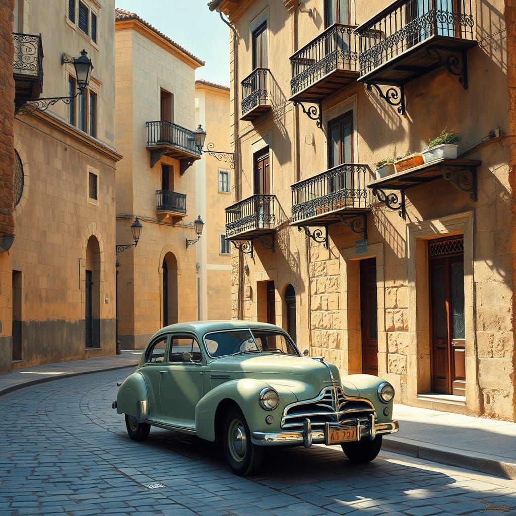 Vintage Car in Spanish Village, Impressionist Style