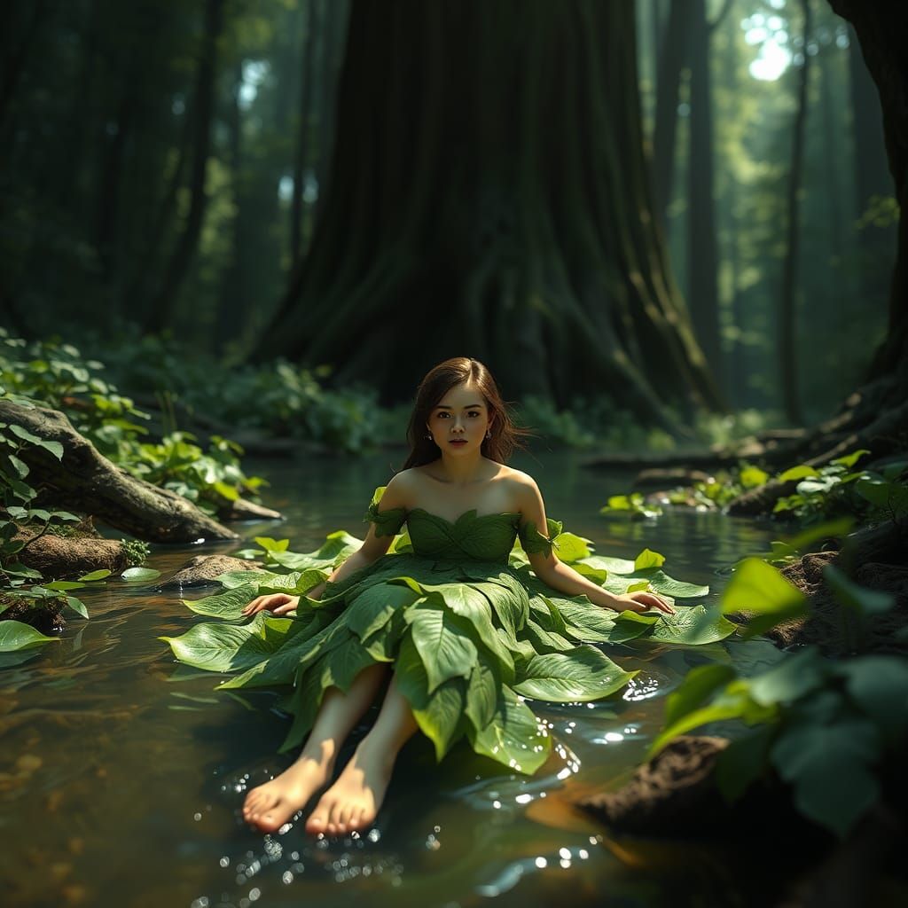 Miniature Woman Swimming in Giant Forest Stream