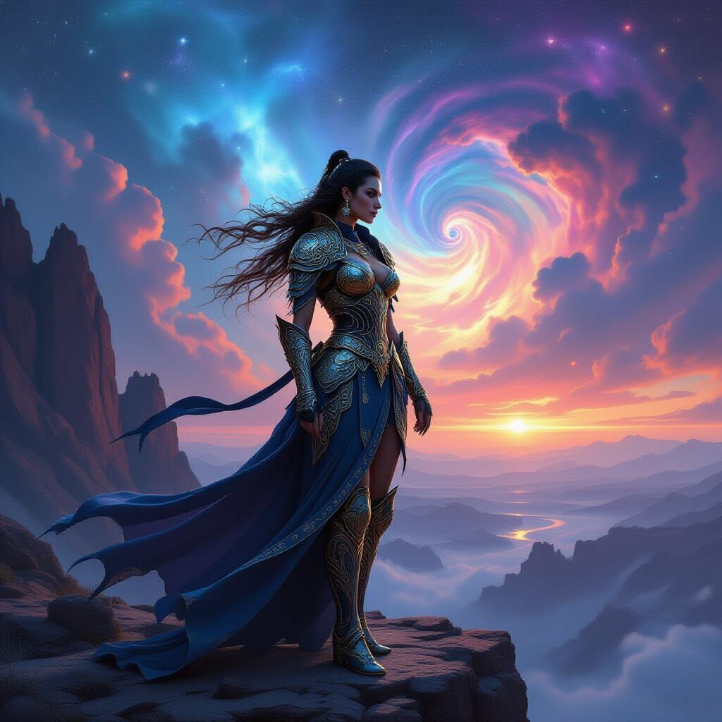 Cosmic Warrior Woman Overlooking Nebula in Dark Fantasy Styl...