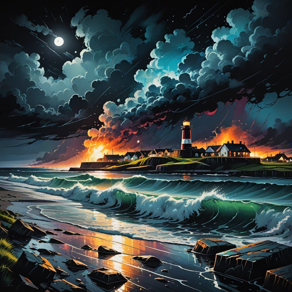 Jutland Coast Storm at Night in Graffiti Art Style