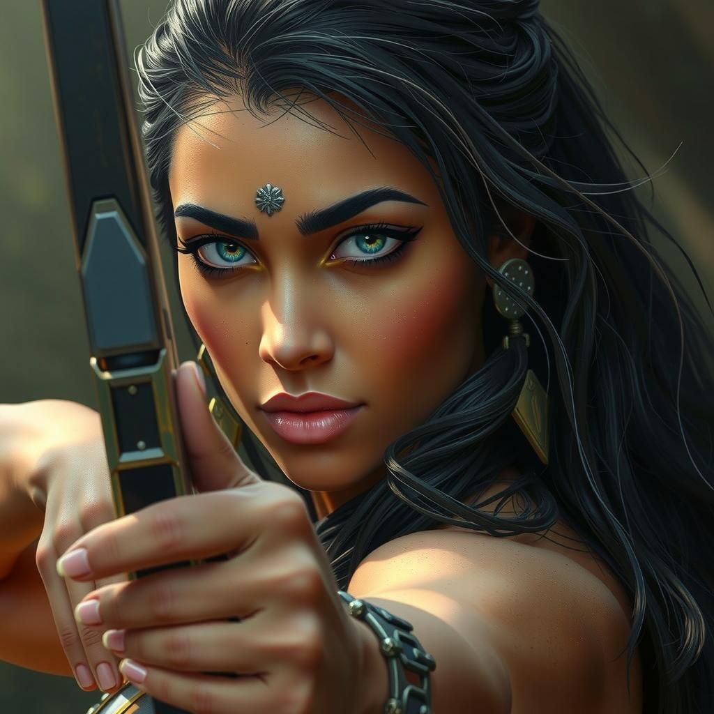 Amazonian Warrior Woman with Bow in Jungle Setting