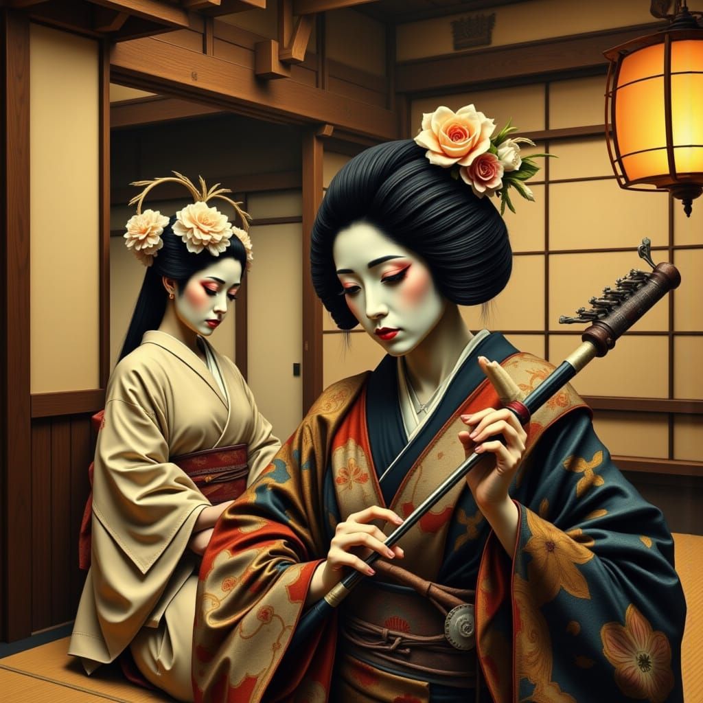 Surreal Geisha Plays Samisen for a Samurai in a Traditional ...