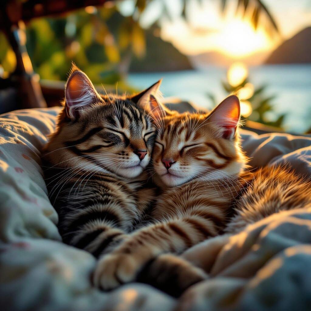 Two Cats Cuddle on Tropical Island Adventure
