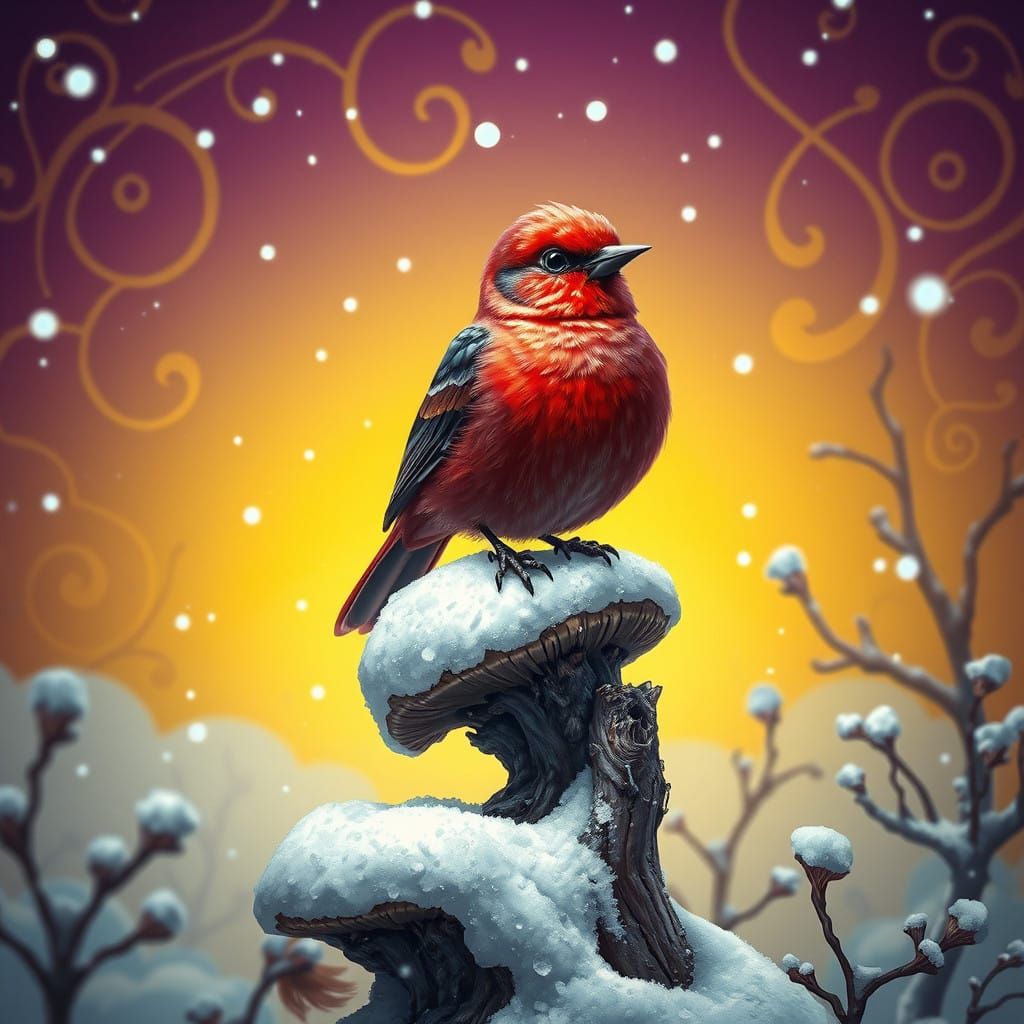 Whimsical Winter Bird in Art Nouveau Style