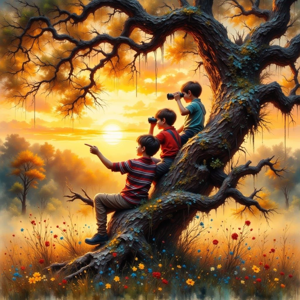 Boys in Oak Tree at Sunset as Oil Painting