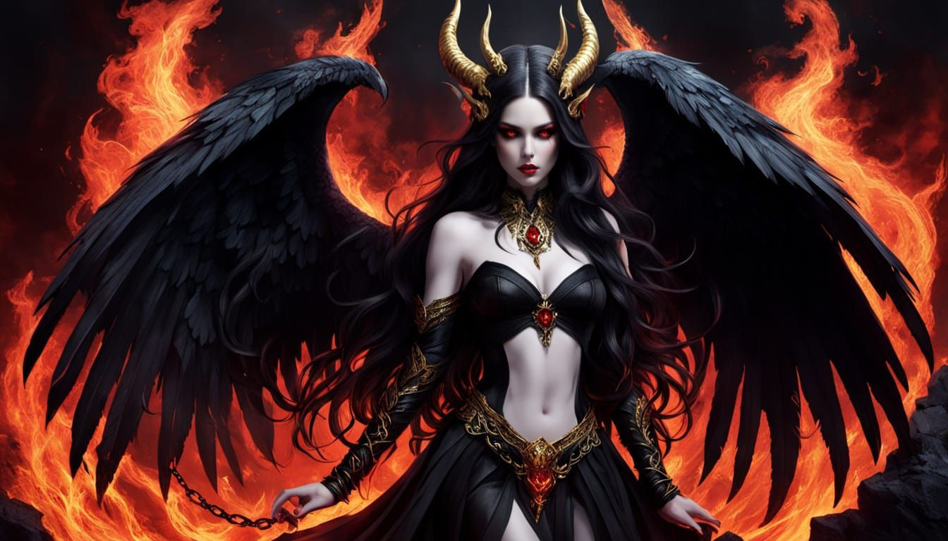 Seductive Devil Embodiment on Throne of Fire and Shadow