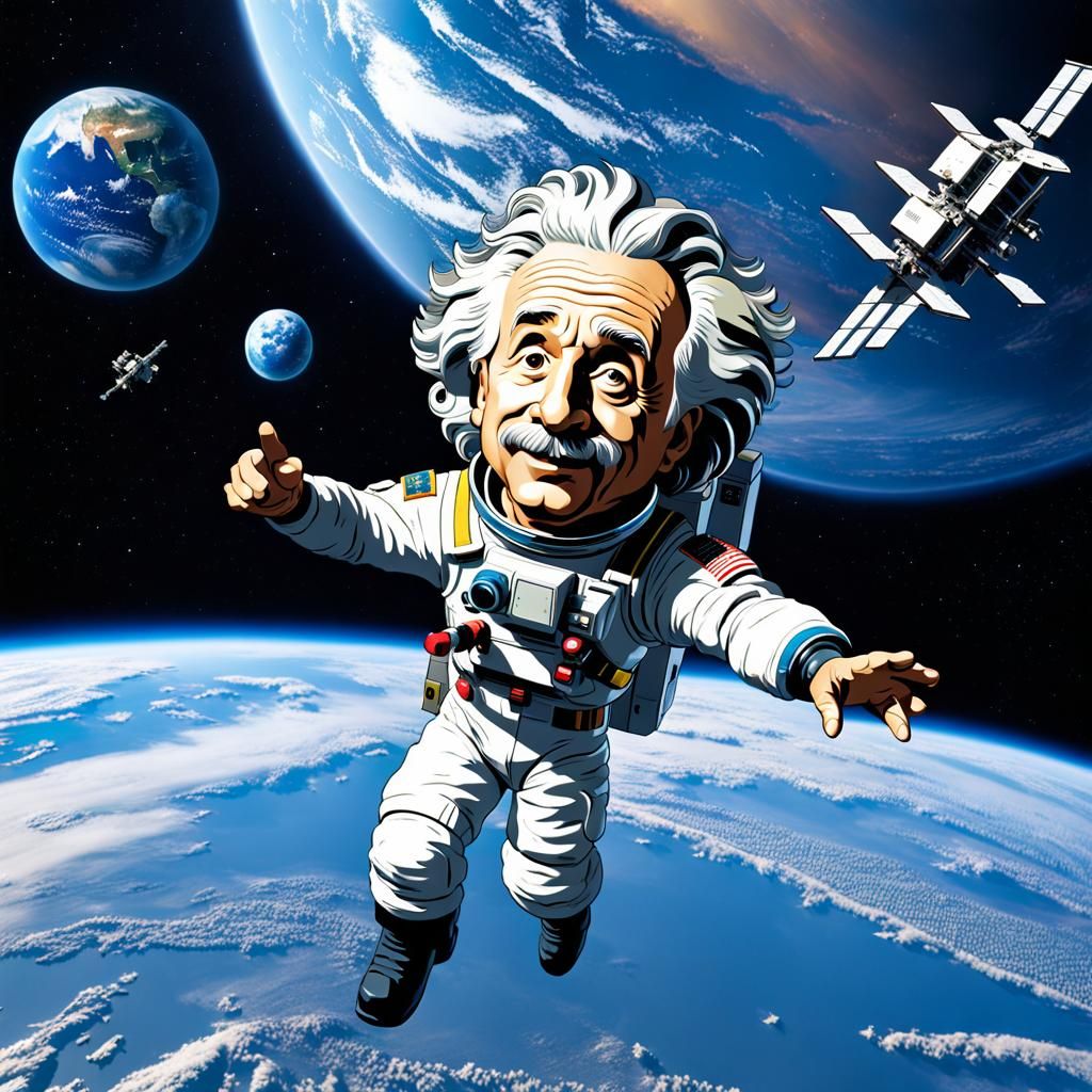 Gravity Defying Genius: Albert Einstein Action Figure Soars above Earth alongside the International Space Station