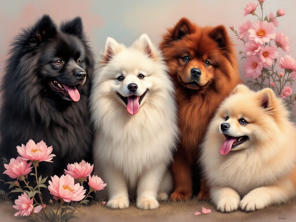 Canine Friends Amidst Vibrant Pink Blooms
