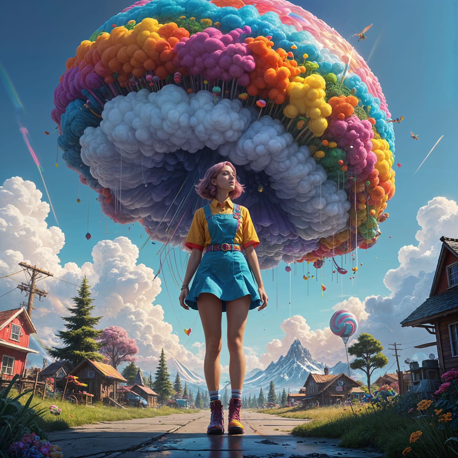 Whimsical Rainbow Goddess on Cloudy Horizon