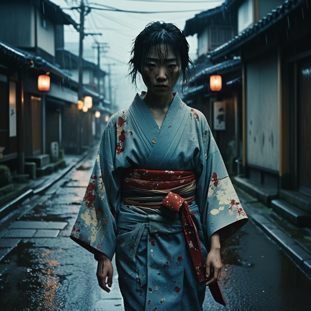 Distressed Japanese Goddess in Streets: Cinematic Film Still