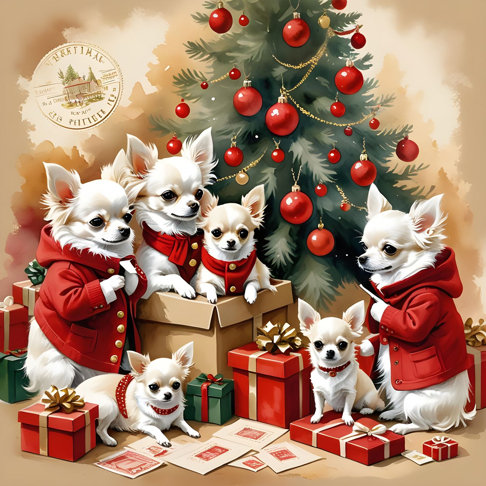 Vintage Chihuahua Family Christmas Watercolor