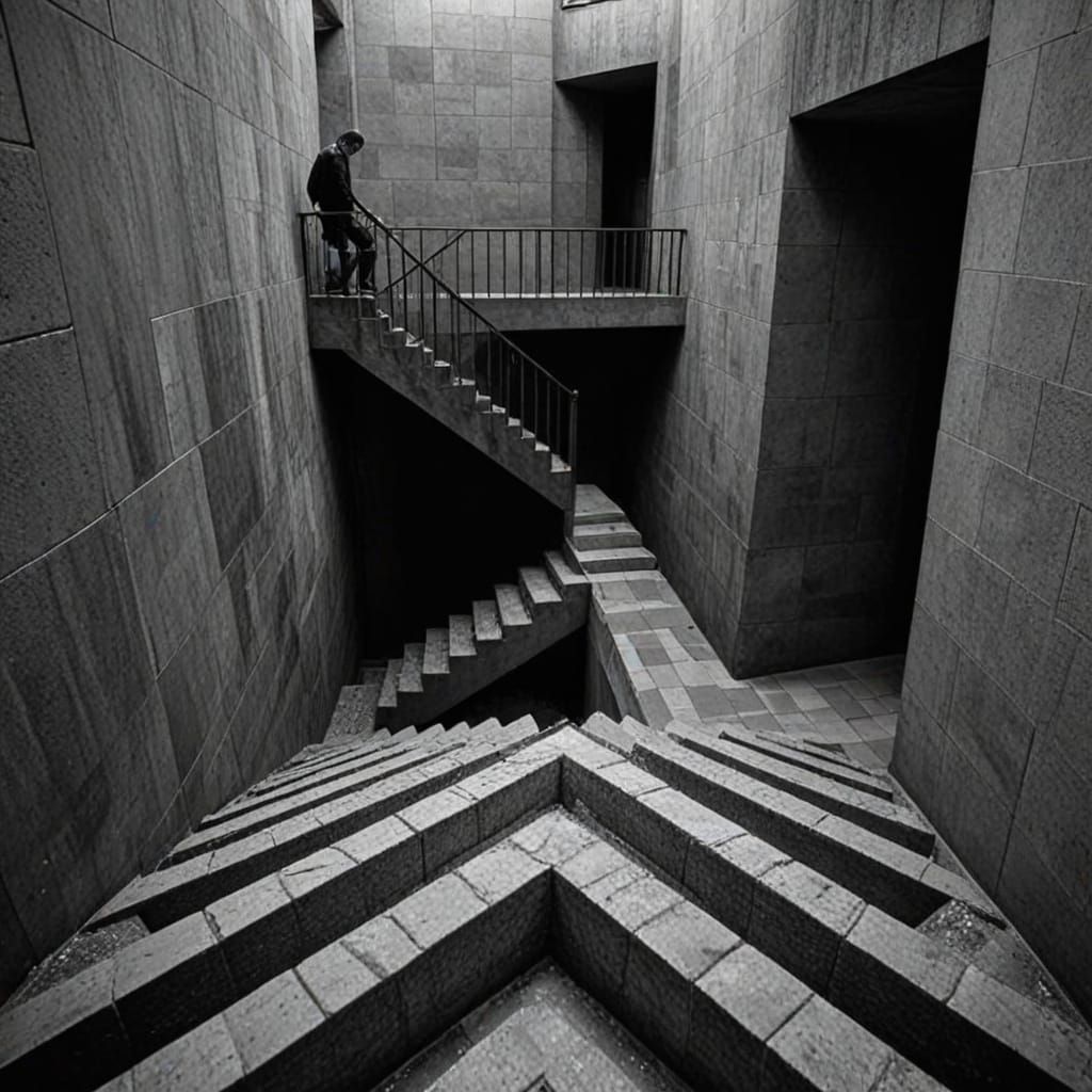 Brutalist Labyrinth of Despair in M.C. Escher Style