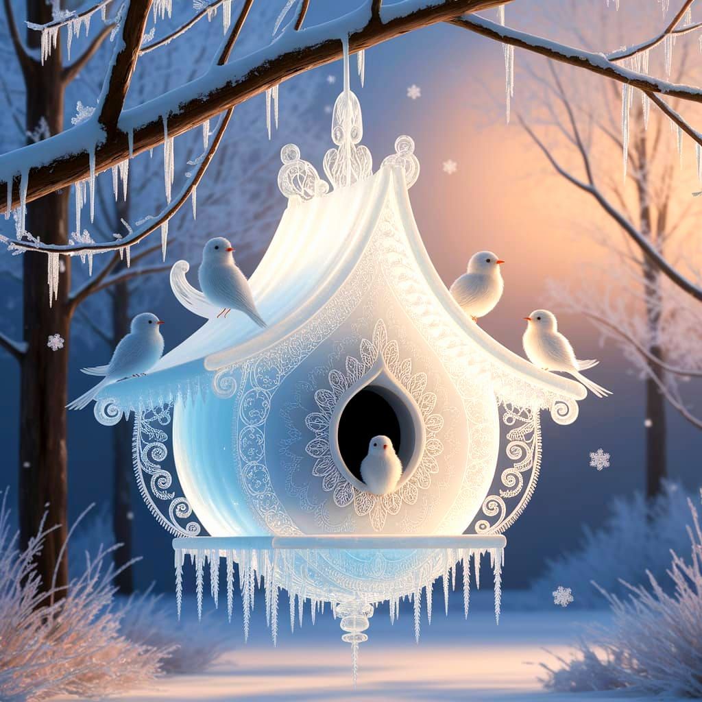 Icy Birdhouse in Winter Forest, Flux Art