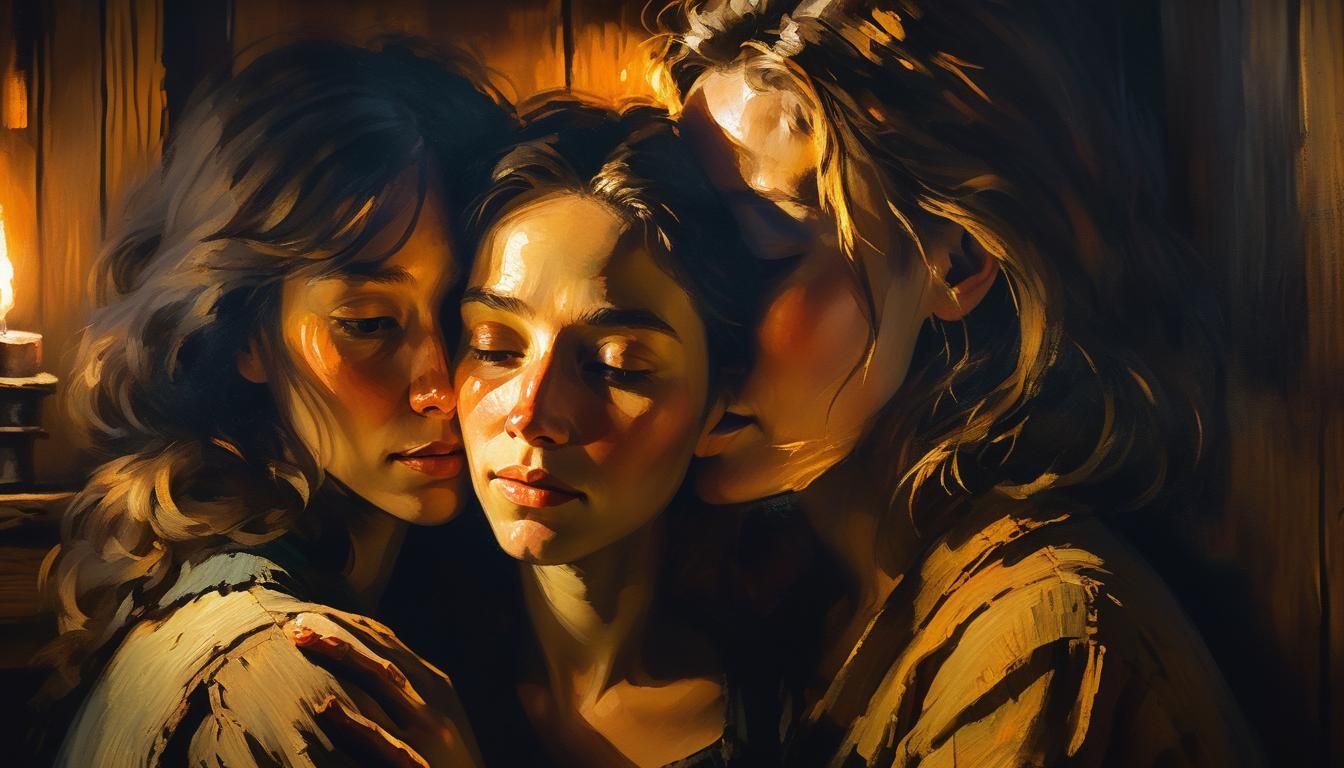 Expressionist Embrace: Women in Candlelit Cabin
