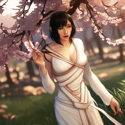 White Snake in Cherry Blossoms: Detailed Concept Art