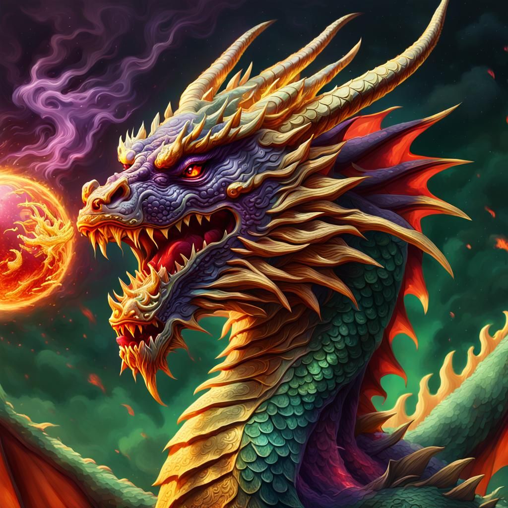 Golden Dragon Unleashes Fire in a Colorful Sky