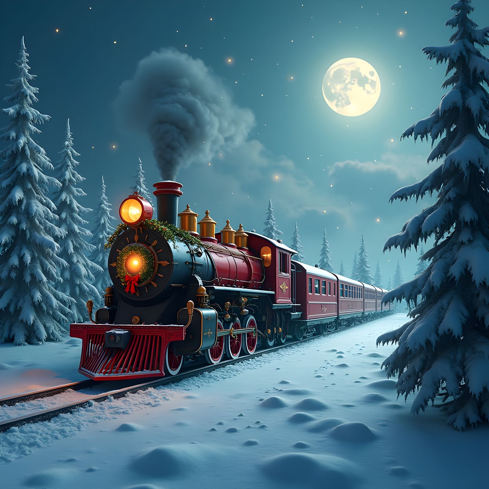 Festive Christmas Train in Detailed Digital Painting