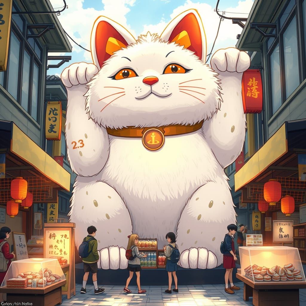 Vibrant Maneki Neko Statue in Bustling Marketplace