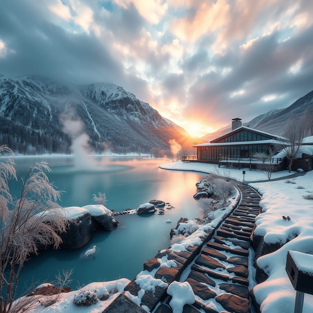 Thermal Lake in Snowy Reserve with Modern Spa