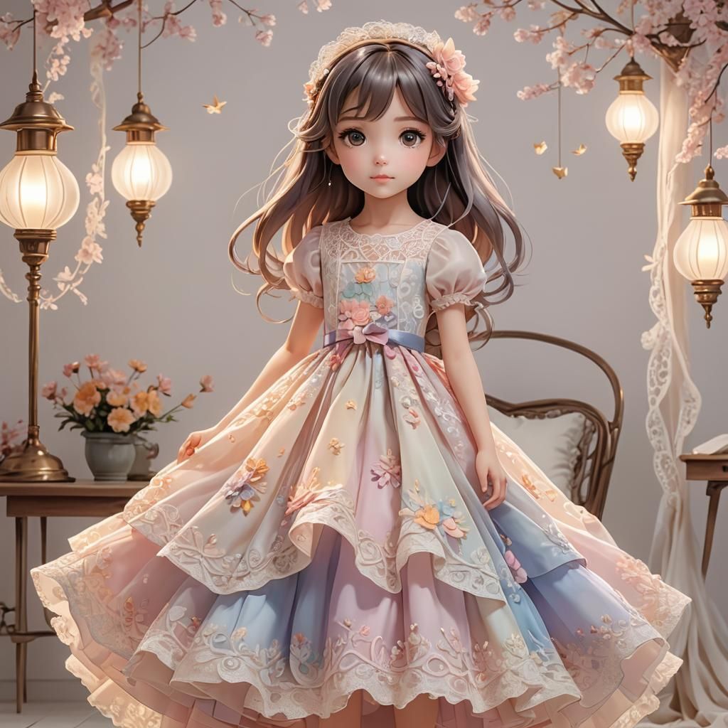 Elegant Anime Portrait of Girl in Voluminous Dress