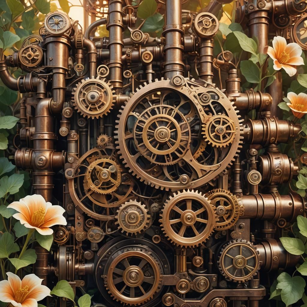 Steampunk Engine in Clockwork Garden: Sci-Fi Illustration