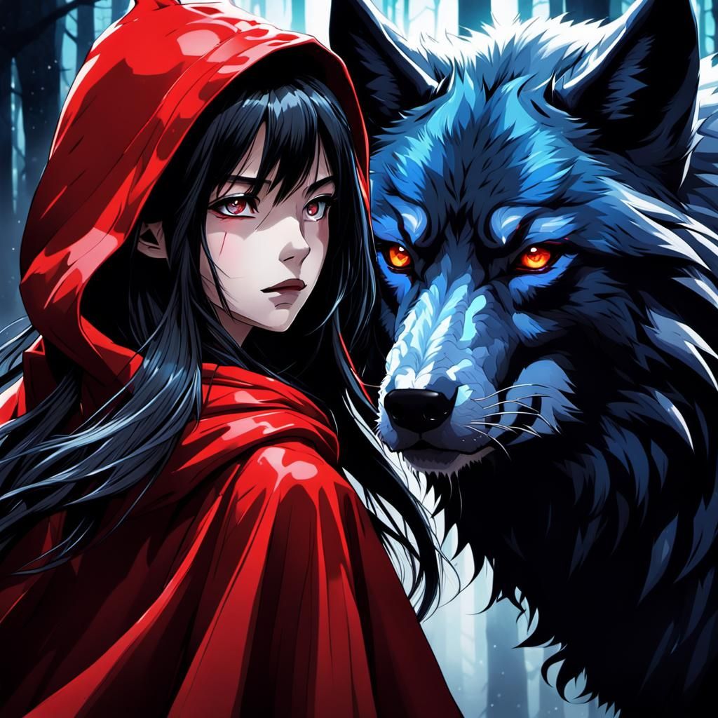Dark Fantasy Anime Girl with Wolf in Red Cape