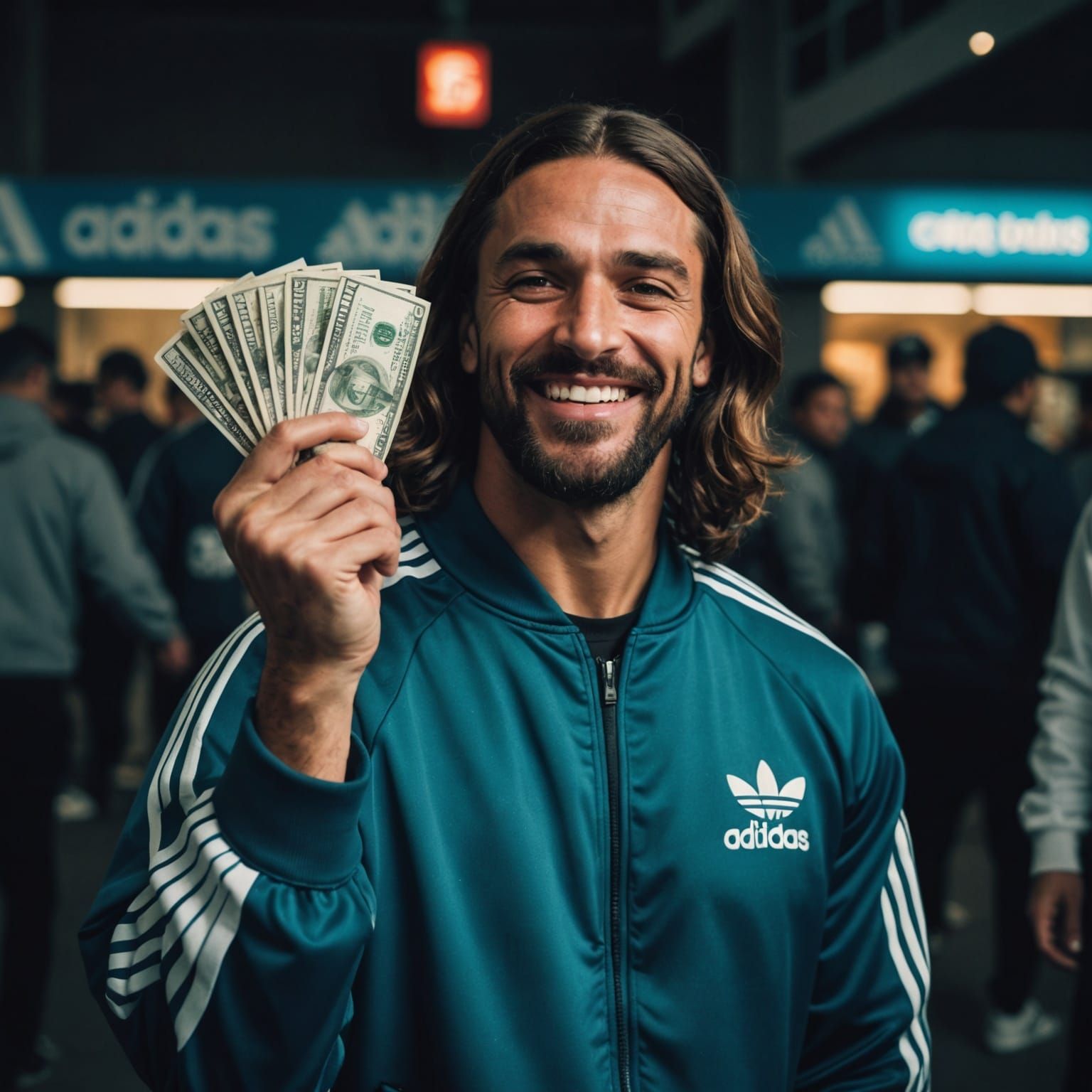 Smiling gangster Jesus in Adidas tracksuit flexing money 
Cinematic film still, shot on v-raptor XL, film grain, vignett...