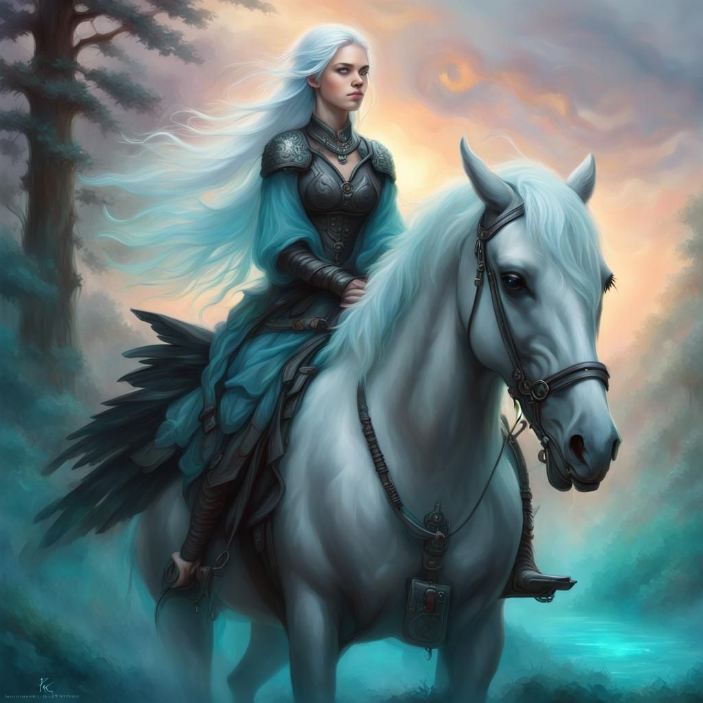 Girl Rides Giant Raven in Ethereal Digital Art